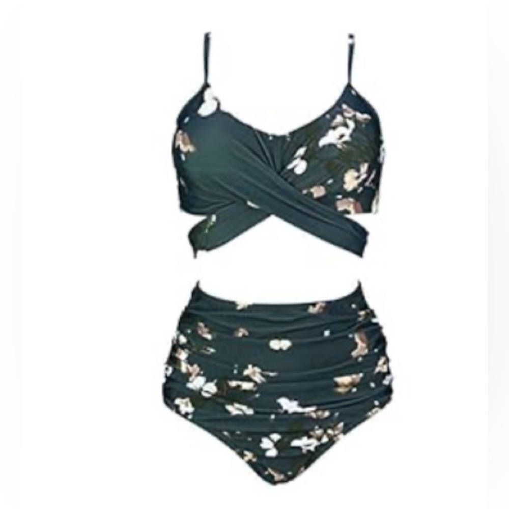 Women's Ruching High Waist Bikini Set‎ Cross Wrap Top Tie Back Bathing Swimsuit